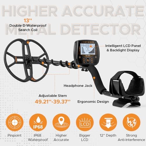 13" Metal Detector for Adults Professional, Double-D Waterproof Search Coil Gold Finder with Pinpoint, High Sensitivity DISC Mode, LCD Backlight Display Gold Detector