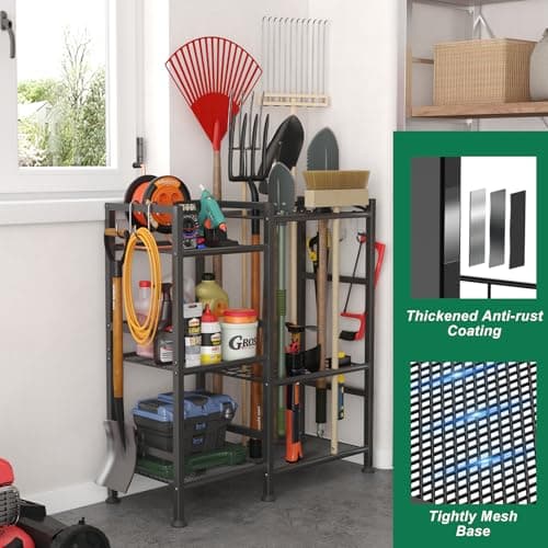 keomaisyto Garden Tool Organizer for Garage Organization, 3 Tier Yard Tool Storage Rack with 35 Long-Handled Tool Slots, Heavy Duty Garden Tool Holder with Large Hooks for Shed, Yard, Garage