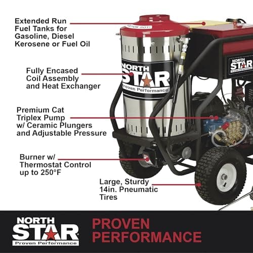 North Star Hot Water & Wet Steam Pressure Washer with Power Nozzles, Lance, Washing Gun, and Hose - Gas Powered, 3000 PSI, 4 GPM, Electric Start Honda Engine