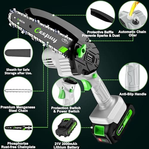 Mini Chainsaw Cordless,6 Inch Portable Electric Chain Saw w/ Automatic Oiler, Battery Powered Small Handheld Saw w/ Security Lock Trees Branches Trimming, Wood Cutting, 2 Batteries 3 Chains