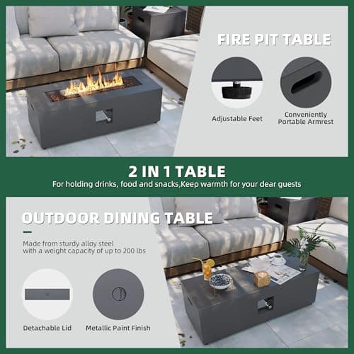 UPHA 42-inch Outdoor Propane Gas Fire Pit Table 50000 BTU Iron Rectangle FirePit for Outside Patio with Tank Hidden Table, Removable Lid, Lava Rocks, Rain Cover, Grey