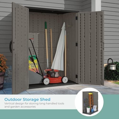 Suncast 54 Cubic Ft. Vertical Resin Outdoor Storage Shed with Lockable Double Doors, Weather-Resistant Multi-Wall Panels, Customizable Shelving, Stoney, Made in the USA