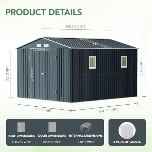 10X12X7.5 FT Outdoor Steel Storage Shed with Lockable Doors, 2 Windows, Transparent Roof Panels (Wood Panels & Frame Floor Not Included), Ideal for Patio Storage,Garbage Can, Chicken Coop
