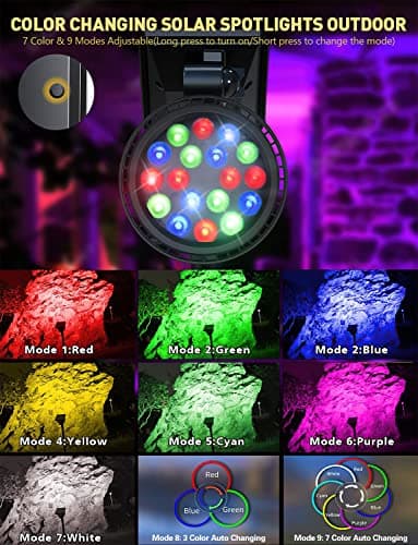 Solar Outdoor Lights, 9 Modes Color Changing 18 LED Solar Spot Lights Outdoor Waterproof Spotlight Landscape Light Solar Powered for Garden Yard Tree Flag Patio Christmas Halloween(2 Pack)