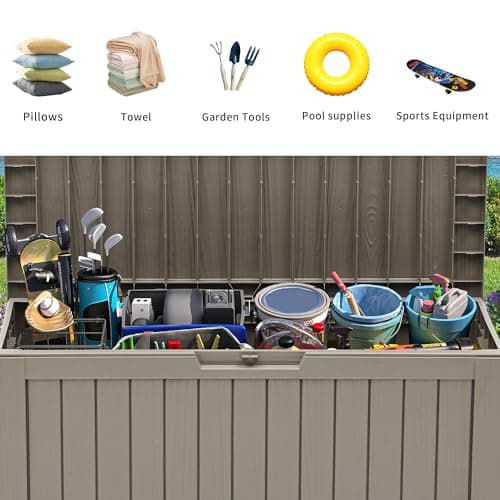 YITAHOME 72 Gallon Outdoor Storage Box, Resin Deck Box Indoor & Outdoor Patio Storage Box w/Wheels for Throw Pillows, Athletic Gear, Yard Implements (Light Brown)