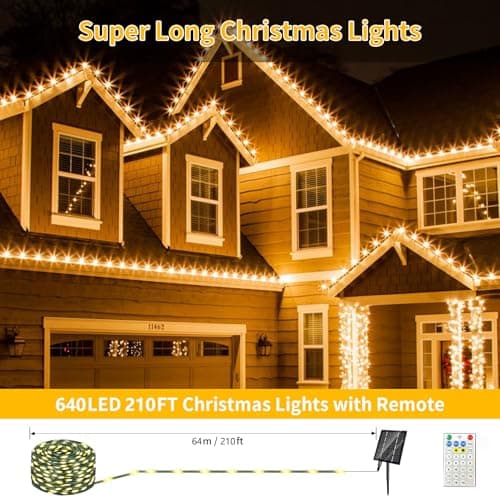 Solar Christmas Lights Outdoor, Upgraded 212FT 640LED with Remote,19 Modes Waterproof Solar String Lights for Outside Garden Home Christmas Decorations (Warm White)