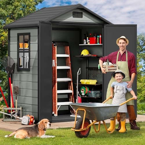 DWVO 6x4 FT Resin Storage Shed with Reinforced Floor, Outdoor Storage Shed with Lockable Door, Window and Vents, Waterproof Plastic Tool Storage for Garden, Backyard, Patio, Lawn(Blue-Gray+Black)