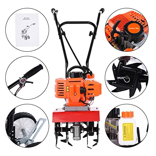 Garden Tiller Gas Powered,Garden Tiller,52cc 2 Stroke 9000RPM Cordless Tiller Cultivator,6-inch Depth Digging Petrol Cultivator 1.2L Fuel Tank Mini Tiller for Lawn Yard Soil Cultivation