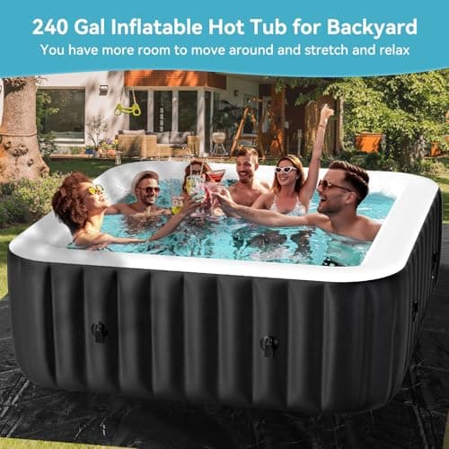 4-6 Person Inflatable Hot Tub, Large Square Portable Blow up Hot Tub, Leak-Proof PVC Outdoor Spa with 130 Air Jets, Insulated Cover and Heater Pump, 73” X 73”X 25”