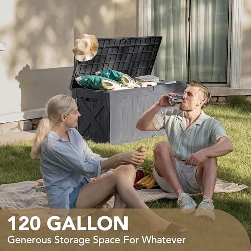 Devoko 120 Gallon Deck Box Resin Outdoor Storage Box Waterproof for Patio, Large Outdoor Storage Bench Lockable for Outside (Grey)
