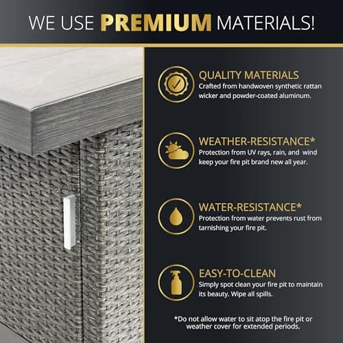 Kinger Home Novi Rattan 52-Inch Propane Gas Fire Pit Table with Rectangular Aluminum Frame - CSA Certified, 50,000 BTU Outdoor Patio Firepit, Includes Wind Guard and Fire Glass, Grey
