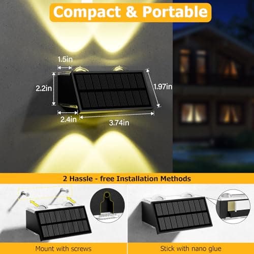 Solar Fence Lights Outdoor, 12 Pack Warm & Cool White RGB LED IP68 Waterproof Wall Mount Sconce Up & Down Solar Lights for Outside Garden Patio Backyard Garage Step（Black