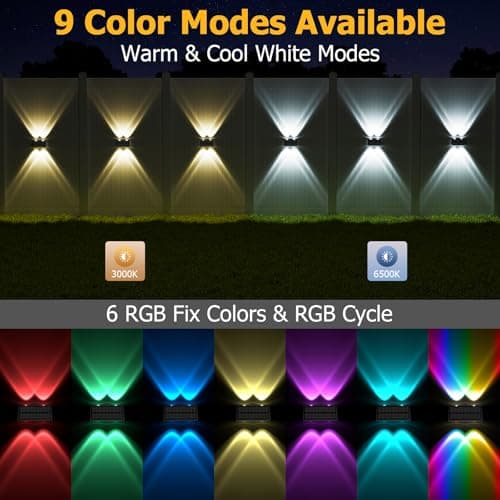 Solar Fence Lights Outdoor, 12 Pack Warm & Cool White RGB LED IP68 Waterproof Wall Mount Sconce Up & Down Solar Lights for Outside Garden Patio Backyard Garage Step（Black