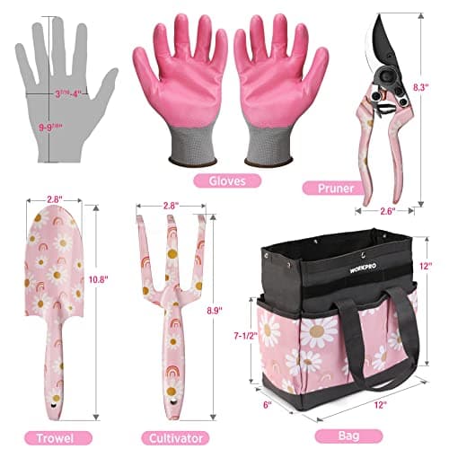 WORKPRO 5PCS Gardening Tools, Aluminum Heavy Duty Garden Tool Set with Bag, Ideal Gardening Gifts for Women, Pink