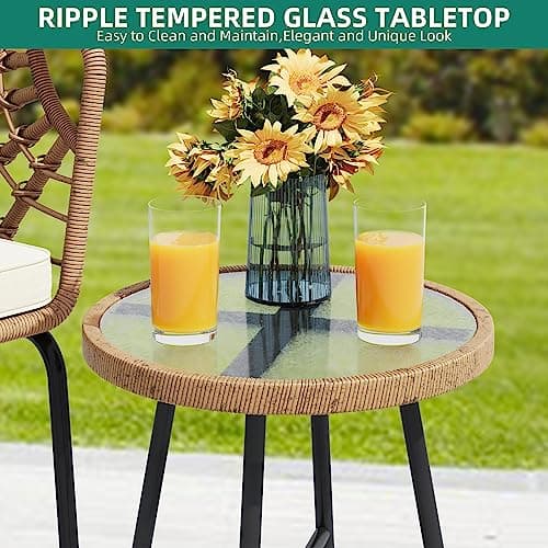 YITAHOME Wicker 3-Piece Outdoor Bistro Set, All-Weather Patio Conversation Set for Balcony, Backyard, Pool, Porch, Deck, Outdoor Sectional Furniture Set with Table & Cushions - Beige