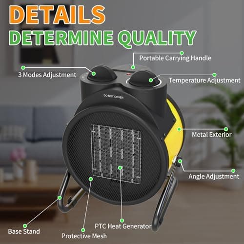 Buyplus Outdoor Heaters for Patio - 1500W Portable Garage Heater with 90°Adjustable Angle, Overheat Protection & 2S Fast Heating, Electric Space Heater for Patio, Garage, Bedroom, Office (Yellow)