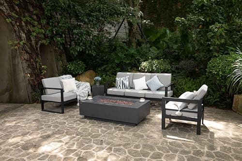 AMS Fireplace | Madison 60"x32" Rectangular Concrete Natural Gas Fire Pit Table | Dark Gray | Travertine (coarse) Texture Surface | Outdoor Patio Heater Electronic Ignition Outside Backyard Fireplace