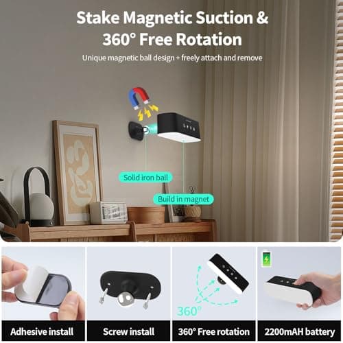 Wall Lights with Remote,Battery Operated Wall Sconce,3 Colors Temp & 9 RGB Ambient Sconce,Magnetic 360° Rotation Cordless Wall Mounted Lamps for Bedroom Bedside,Reading Bedside(Black)