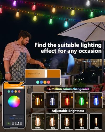 Flacchi Smart Patio Lights with Rope Fairy - 46ft Smart S14 String Lights, Waterproof Shatterproof Bluetooth APP Remote Control Dimmable for Balcony, Backyard, Party, Holiday (RGB & Warm White)