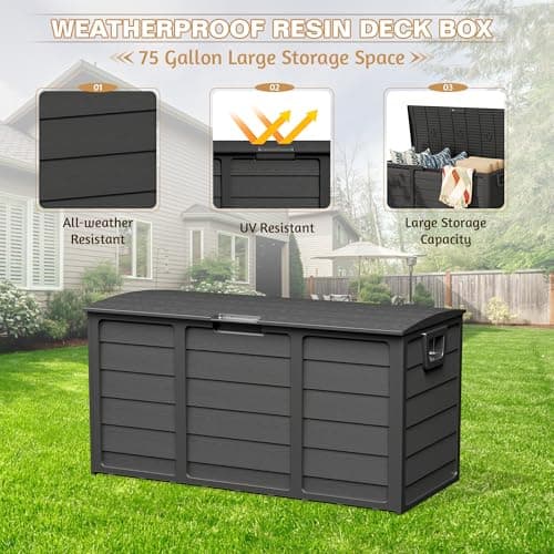 SUNCROWN 75 Gallon Deck Storage Box Resin Outdoor Storage Container with Handles for Patio Garden Yard, Black, Black