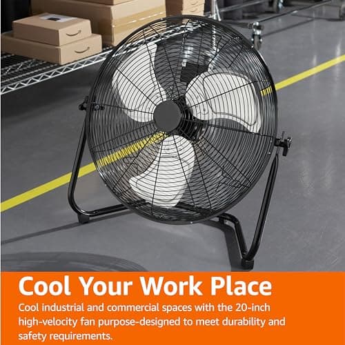 Amazon Basics 20" High Velocity Industrial Fan, Floor Fan, with 3 Speeds, Tilt Head, ETL-Listed Safety Compliance, Metal Housing/Blades, Ideal for Industrial/Commercial Space/Garage/Gym, 125W, Black