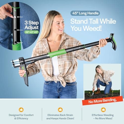 Weed Puller Tool with Long Adjustable Handle (36", 40", & 45"), Quick-Release Weed Ejector Mechanism, Lightweight Aluminum Stand-Up Heavy Duty Weed Remover, 4-Claw Head & Foot Pedal for Easy Weeding