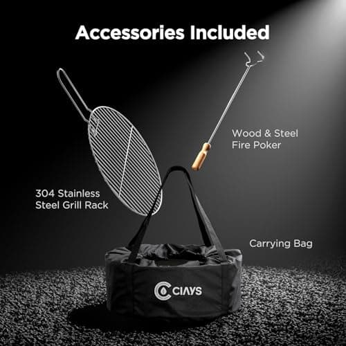 CIAYS Smokeless Firepit, 19 Inch Fire Pit for Camping with Patented Technology, Portable Fire Pit for Outside with Steel Grill Rack, Fire Poker, and Bag, Easy Setup and Storage, Wood Burning