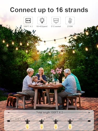 Svater Outdoor String Lights 200 FT, Patio Lights for Outside with Shatterproof Bulbs, Waterproof IP65 Commercial Hanging Light for Backyard Porch Balcony Bistro Party, 2700K