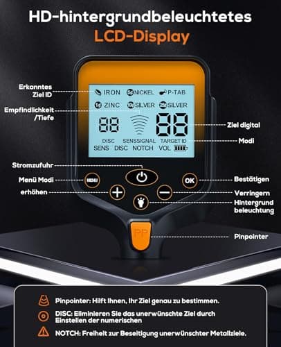 Metal Detector for Adults Waterproof - Cordless Gold Detector with LCD Display, Retractable Foldable Higher Accuracy Metal Detector with 10" IP68 Coil - Orange