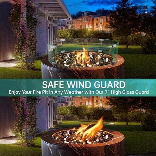 Fire Pit Wind Guard - 23" x 23" x 7" Round Fire Pit Glass Wind Guard for Outdoor Gas Fire Pit Table, Thick and Durable Tempered Glass w/Hard Aluminum Corner Brackets, Easy Assembly