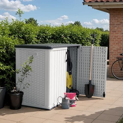 Devoko Outdoor Storage Cabinet 26 Cu Ft with Pad-Lockable Doors, Horizontal Storage Shed Waterproof Patio Tools Storage Box for Sofa Cushions, Gardening Tools and Accessories (White)