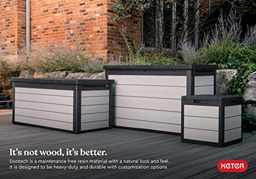 Keter Denali 30 Gallon Resin Outdoor Storage Box and Patio Storage Box Side Table for Pool and Garden Accessories, Grey & Black
