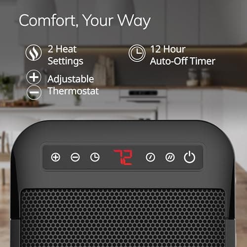 Lasko MyHeat Max Personal Ceramic Space Heater, Tip Over Switch, Overheat Protection, 2 Heat Settings, Adjustable Thermostat, Timer, for Indoor Use, Home, Office, 9 Inches, 1500W, Black, CD09101