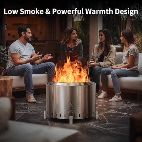 22" Stainless Steel Smokeless Fire Pit, Outdoor Protable Smokeless Wood Burning Fire Pits for Bonfire, Patio, Camping, Firepit for Outside with Poker & Cover(Vertical Hole)