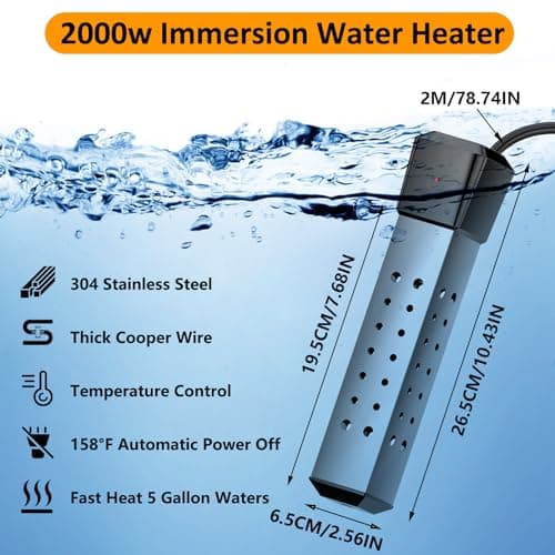 2000W Pool Heater for Inflatable Above Ground Swimming Pool, Immersion Water Heater for Bathtub Automatic Power Off, Submersible Electric Water Heater, Portable Bucket Heater with 304 Stainless Guard