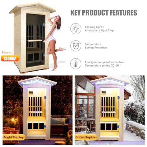 Outdoor Sauna Wooden Far Infrared Saunas Spa 1300W Low-EMF Dry Sauna Room for One Person Finland Spruce Wood
