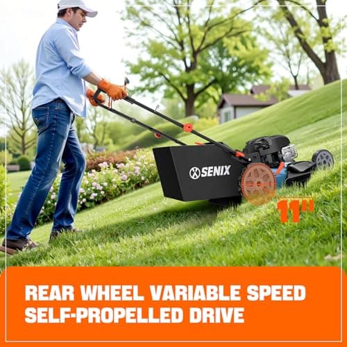 SENIX LSSG-H2 22-Inch Self Propelled Gas Lawn Mower with 163 cc 4-Cycle Engine, 3-in-1 Rear Wheel Drive Variable Speed Lawnmower, 6-Position Height Adjustment with 11-Inch Rear Wheels