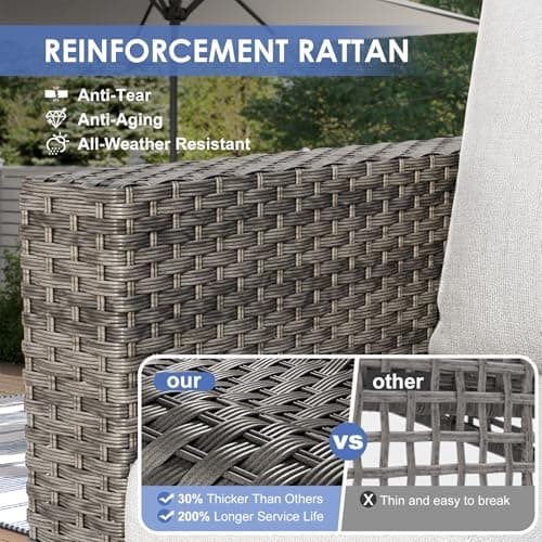 Patio Furniture Set with 44'' Fire Pit Table, 7 Piece 60,000 BTU Comfortable Wicker Rattan Outdoor Furniture Set with Propane Fire Pit, Patio Conversation Set for Porch,Deck,Poolside,Grey