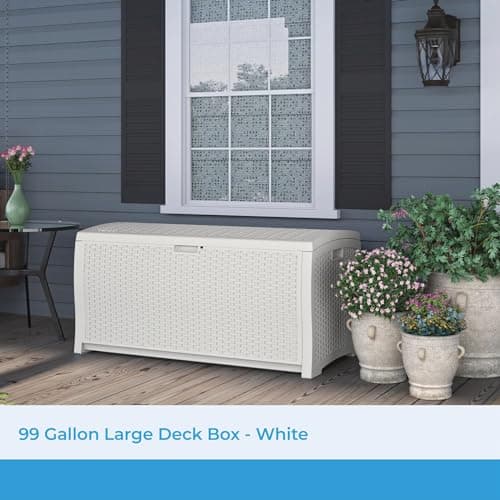 Suncast 99 Gallon Wicker Horizontal Outdoor Deck Box with Hinged Lid, Water-Resistant Storage Solution for Patio, Deck, Yard, and Garage, White, Made in the USA