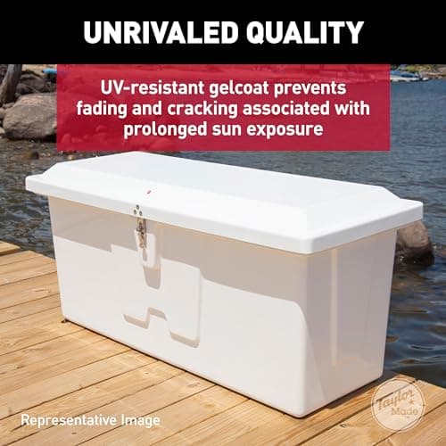 Taylor Made Stow 'N Go Small Fiberglass Dock Box, White (24"H x 54"W x 22"D) – Fiberglass construction, UV gelcoat finish, stainless steel lockable latch and hardware – 2020108652