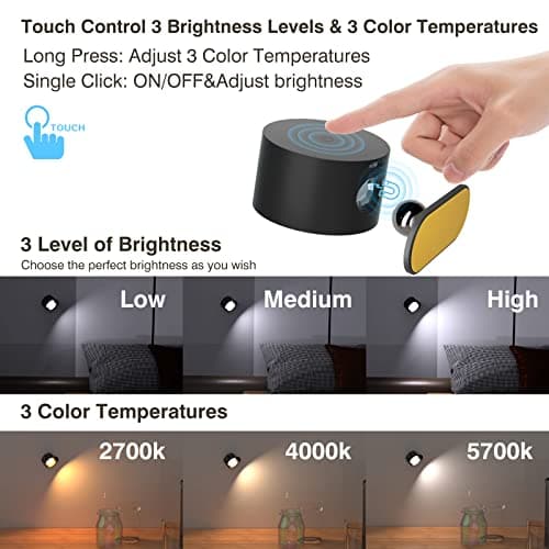 Koopala LED Reading Lights, Wall Mounted Sconces with 3 Color Temperatures & 3 Brightness Levels Rechargeable Battery Magnetic Ball 360°Rotation Touch Control, Lamps for Kids Study Bedside Closet