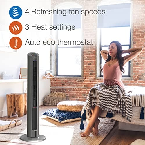 Lasko Oscillating All Season Tower Fan and Space Heater in One for Home with Adjustable Thermostat, Tip-Over Switch, 4 Fan Speeds, 3 Heat Settings and Remote Control, 42 Inches, 1500W, Gray, FH515