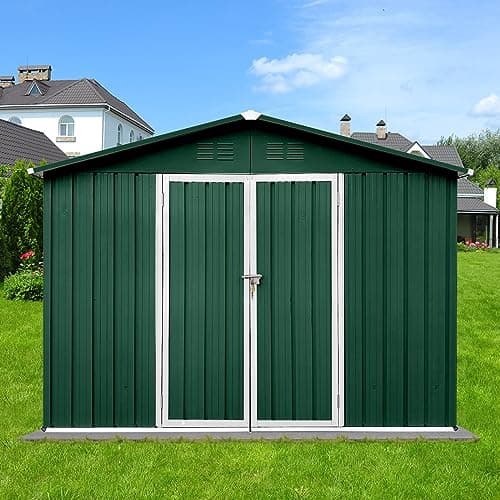 10x8 FT Metal Garden Sheds with Hinged Door and Padlock & Punched Vents,Aluminum Outdoor Storage Shed w/Eco-Friendly Painting,for Bike, Barbeque,Tool,Green+White