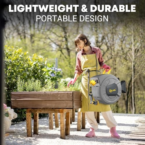 SILVEL Retractable Garden Hose Reel, 1/2 in x 110 ft Wall Mounted Garden Hose Reel, with 10 Pattern Nozzle, Any Length Lock, Slow Return System, 180°Swivel Bracket