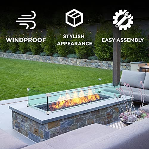 Skyflame Linear Fire Pit Wind Guard – 40.5" x 12.5" Thick Tempered Glass Firepit Screen/Clear Shields for Propane Fire Pit Table