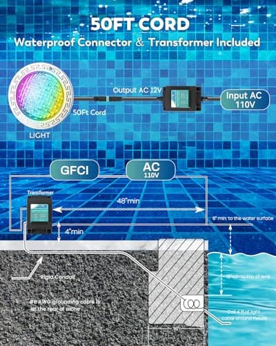 10" LED Pool Light, 12V AC Underwater Pool Spa Lights for Inground Pools, 300W Equivalent, Static Colors & Dynamic Effects, 50Ft Cord, Remote, Transformer, Fits Pentair, Hayward, Jady Niches
