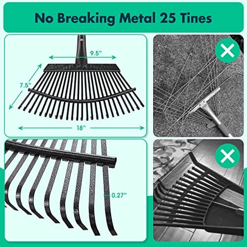 Rake - 65 Inch Long Garden Leaf Rake, 18 Inch Wide Heavy Duty Leaf Rakes for Shrub with 25 Metal Tines,Yard Thatching Rakes with Ergonomics Adjustable Handle for Picking Leaves,Grass Clippings Garbage