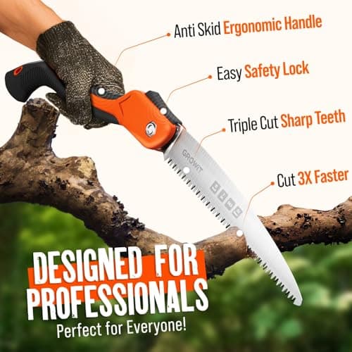 GROWIT Folding saw 11 Inch - Heavy Duty Pruning Saw with Triple-Cut SK5 Blade, 7 TPI Razor Teeth for Tree Trimming, Wood Cutting, Camping, Bushcraft, and Gardening