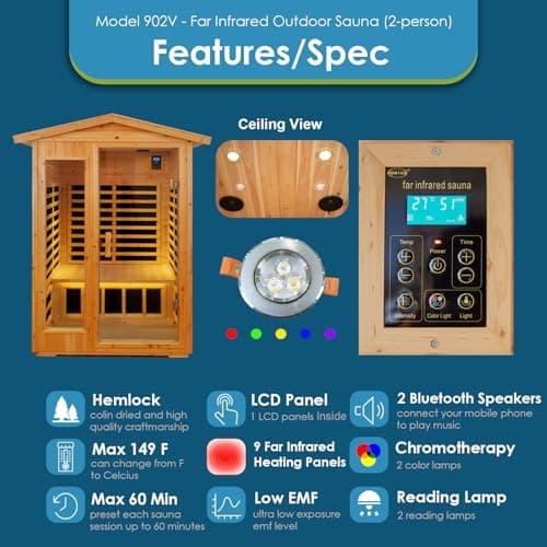 Saunas 902V Far Infrared Sauna, Outdoor Wooden Dry Sauna Low EMF (Hemlock Wood, 2-Person Size)