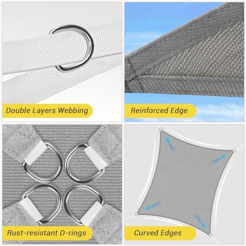 HappyTrends Sun Shade Sail,Heavy Duty UV Protection Beach Shade Canopy Wind sail,Tear and Rust Resistant Patio sail Shade for Yard Deck Lawn Garden Rectangle Sunshade(12'x 12',Grey)